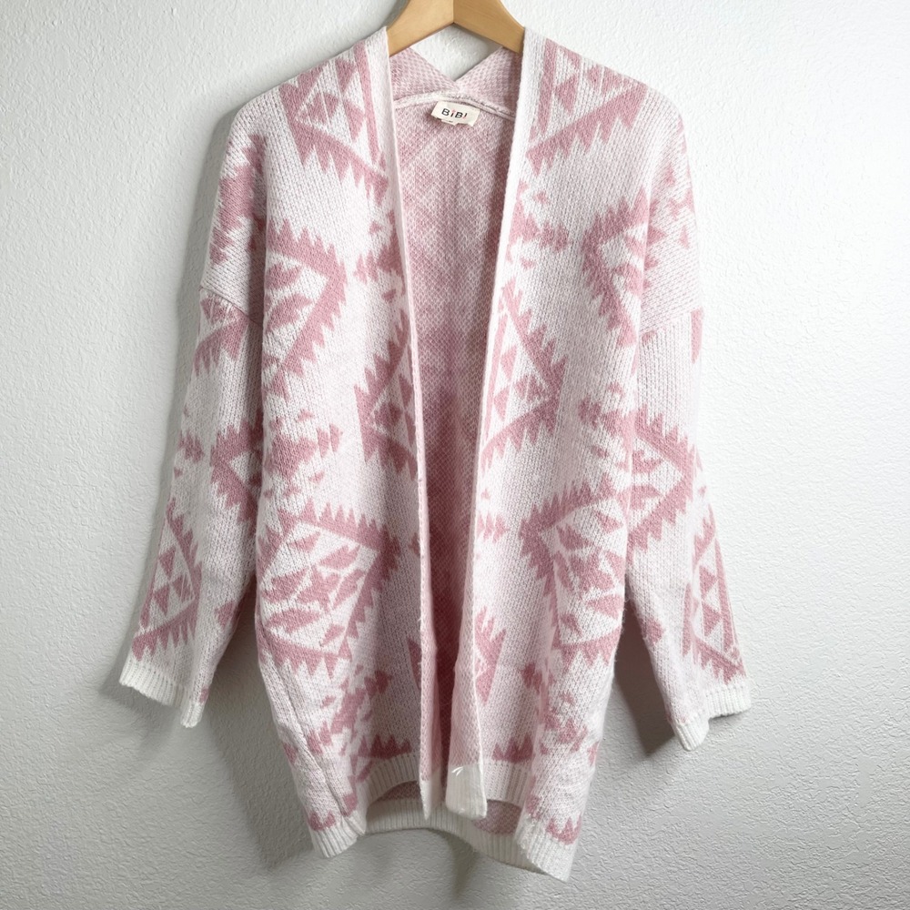 Bibi Pink White Southwestern Aztec Geometric Open Front Cardigan‎ Sweater Medium
